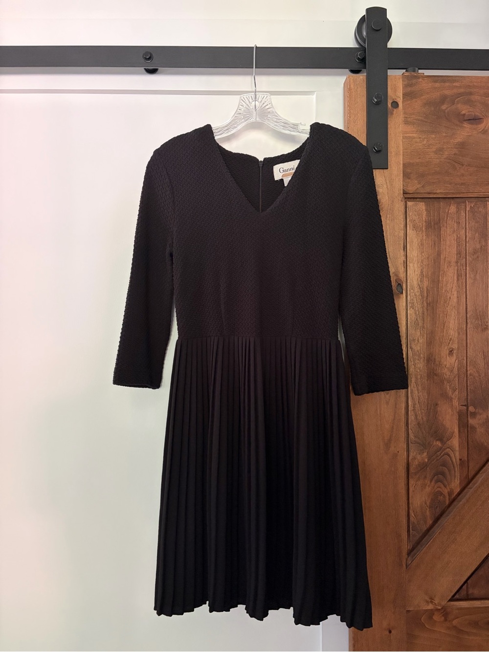 ganni black textured pleated dress